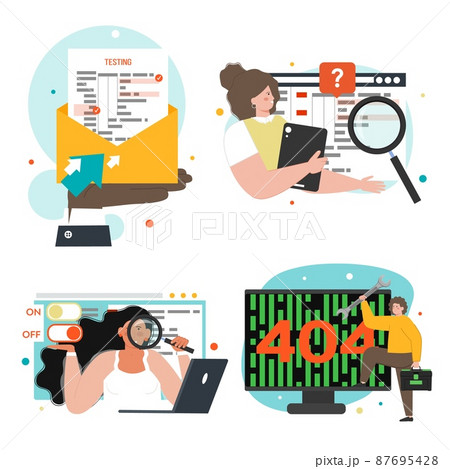Software testing scene set, vector illustration. People creating computer programs, searching, finding bugs and errors. 87695428