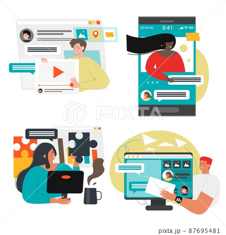 People chatting on social networks. Instant messaging sms and website chats, video message. Online communication, vector 87695481