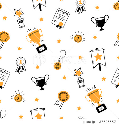Seamless pattern with awards, trophy cups and first place medals. Winner concept. Doodle gold medal and champion trophy cup. Hand drawn award icons. Vector illustration on white background 87695557
