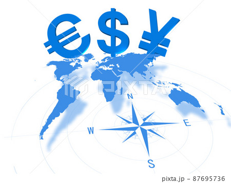 白背景に地球儀と円ドルユーロの記号とコンパス 87695736