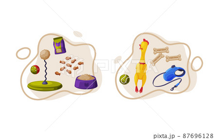 Pet animals stuff. Cat and dog food, toys and accessories set cartoon vector illustration Pet animals stuff. Cat and dog food, toys and accessories set cartoon vector illustration 87696128