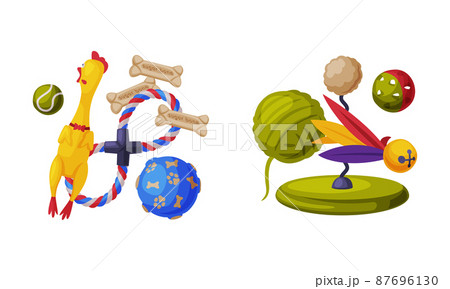 Pet animals stuff. Cat and dog toys and accessories set cartoon vector illustration Pet animals stuff. Cat and dog toys and accessories set cartoon vector illustration 87696130