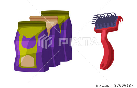 Pet animals food packaging and pet brush. Supplies for domestic animals set cartoon vector illustration 87696137
