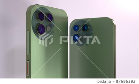 Close up view of digital camera lenses modules of two green colored metal smartphones, 3D model, 3D rendering 87696392