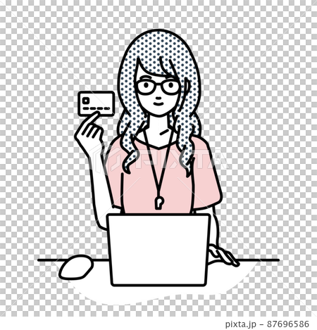 A teacher woman sitting at a desk and using a PC while holding a credit card A teacher woman sitting at a desk and using a PC while holding a credit card 87696586