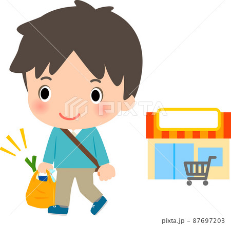 スーパーマーケットで買い物して帰る男性 87697203