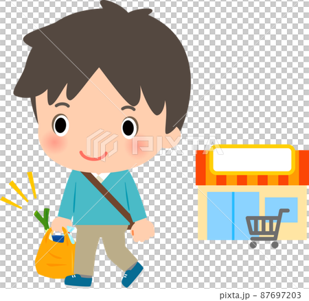 スーパーマーケットで買い物して帰る男性 87697203
