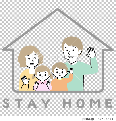 Illustration material: A young couple (simple) raising a male and female child who enjoys a stay home, a family of four Illustration material: A young couple (simple) raising a male and female child who enjoys a stay home, a family of four 87697244