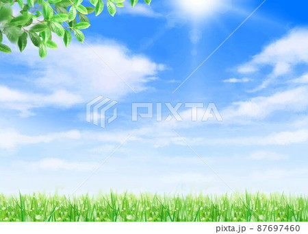 太陽の光が差し込む雲のある青空に芝生と新緑の美しい若葉の初夏フレーム背景素材 87697460