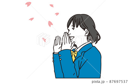 桜吹雪を背景に応援する日本人女子学生 87697537