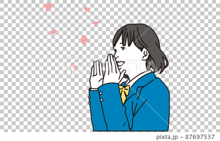 桜吹雪を背景に応援する日本人女子学生 87697537