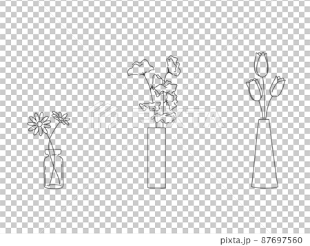 Hand-painted pen-style simple spring illustrations of tulips, sweet pea and marguerite in a vase 87697560