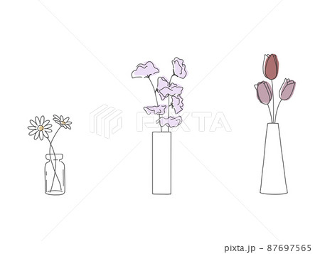 花瓶に入ったチューリップとスイートピーとマーガレットの手描きペン画風シンプル春イラストのイラスト素材