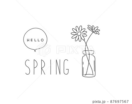 花瓶に入ったマーガレットの手描きペン画風シンプル春イラストのイラスト素材