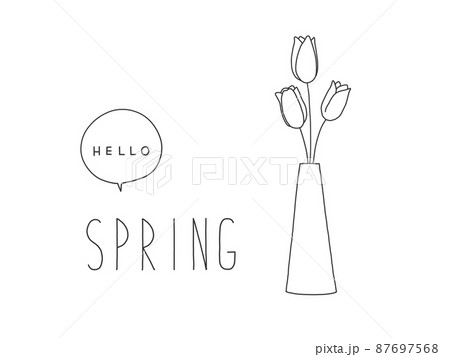 花瓶に入ったチューリップの手描きペン画風シンプル春イラストのイラスト素材