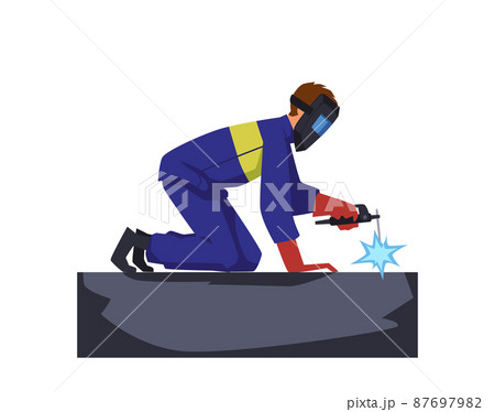 Welder worker cartoon character welds metal, flat vector illustration isolated. Welder worker cartoon character welds metal, flat vector illustration isolated. 87697982
