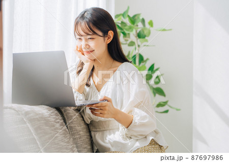 ソファでパソコンを使う女性 87697986