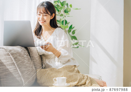 ソファでパソコンを使う女性 87697988