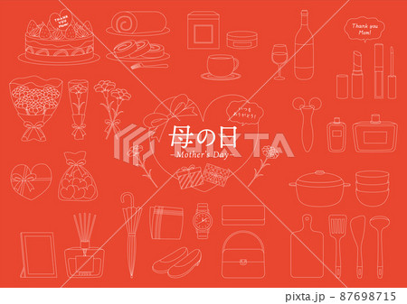 母の日のイラストのセット_線画_赤背景 母の日のイラストのセット_線画_赤背景 87698715