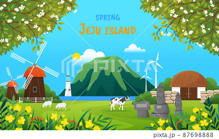 Beautiful spring season landscape. Harvest time at Jeju in Korea. Nature and architecture of island 87698888