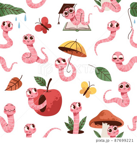 Soil worm characters seamless pattern. Funny earthworms with apple, mushroom and umbrella, garden creatures, farm insects, childish background. Decor textile, wrapping paper, vector print 87699221