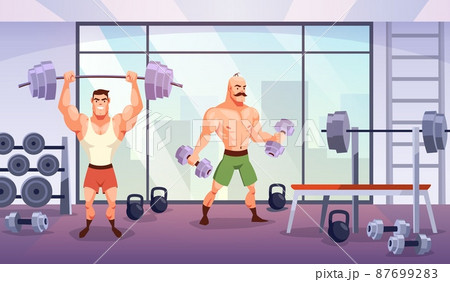 Man in gym. Sport workout in fitness club, muscular men characters, training with dumbbell and barbell. Room with sport equipment for powerlifting. Cartoon bodybuilder vector concept 87699283