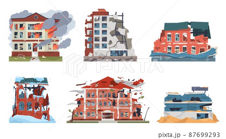 Disaster damages buildings. Different natural catastrophes, broken city destructive houses facades, earthquake, flood and frost, fire or war, broken postapocalypse architecture vector set 87699293
