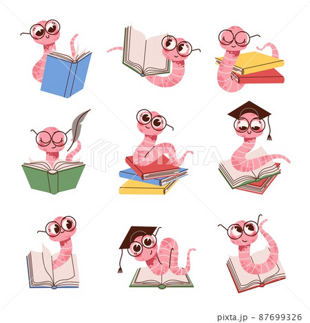 Cartoon book worm. Cute kids intelligent worm mascot in glasses, reading books, funny student animal character, cute colorful earthworm smart insect, education and knowledge symbol vector set Cartoon book worm. Cute kids intelligent worm mascot in glasses, reading books, funny student animal character, cute colorful earthworm smart insect, education and knowledge symbol vector set 87699326