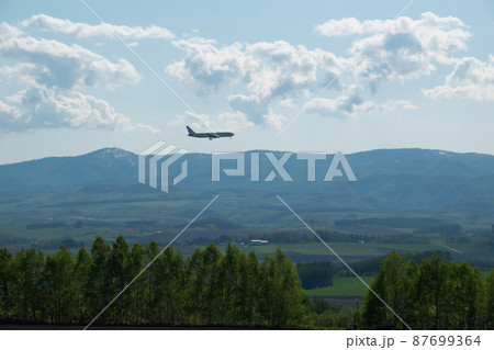 春の畑作地帯の上空を飛ぶ飛行機 87699364