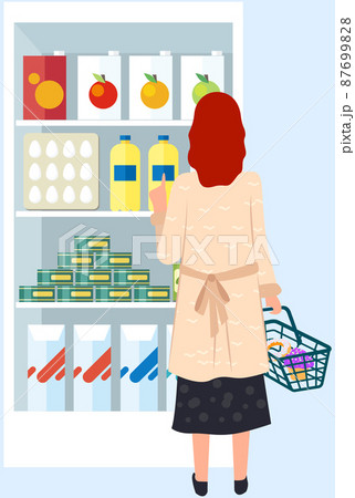 People make purchases, choose goods, buy products in supermarket, grocery store, shop with food 87699828