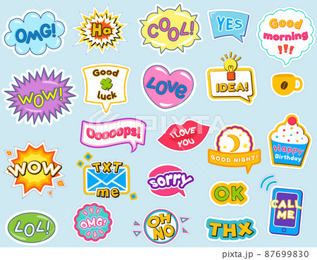 Fashion patches with words dialogue inscriptions, colorful sticker pack background pattern 87699830