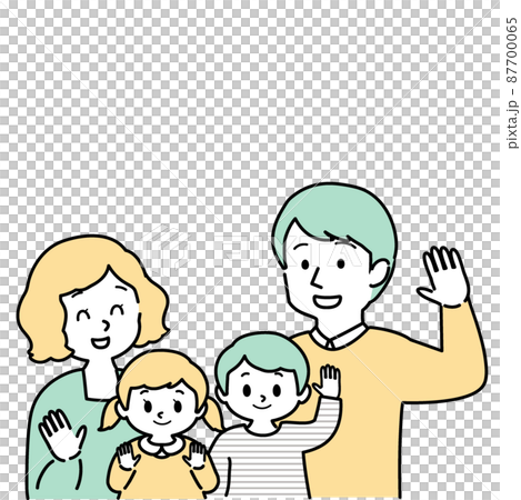 插圖素材：幸福的年輕夫婦撫養著在這裡揮手的男女孩子的一家四口（有主線/單色） 87700065