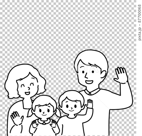 插圖素材：幸福的年輕夫婦養育著在這裡揮手的男女兒童 一家四口（有主線/黑白） 87700068
