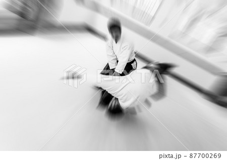 People practicing aikido in a dojo background. 87700269