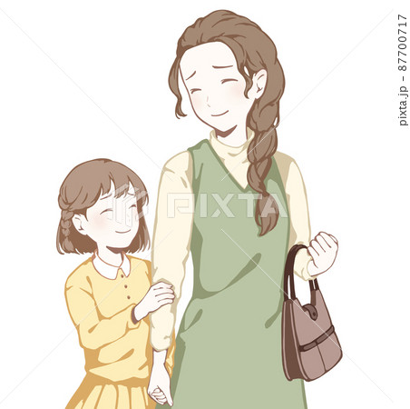 手をつなぐ母娘 大人子供 おもしろい 微笑む 困り眉 のイラスト素材