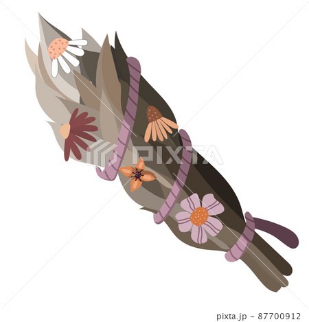 Green smudge bundle with wild flowers on white background 87700912