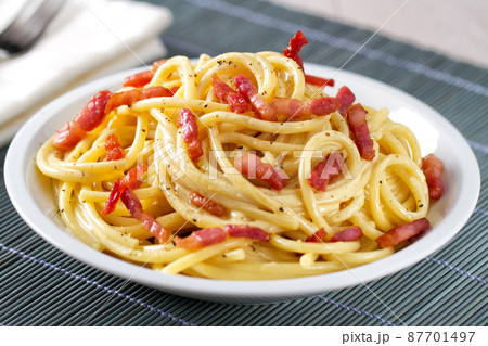 Traditional italian dish spaghetti carbonara with bacon in a cream sauce Traditional italian dish spaghetti carbonara with bacon in a cream sauce 87701497
