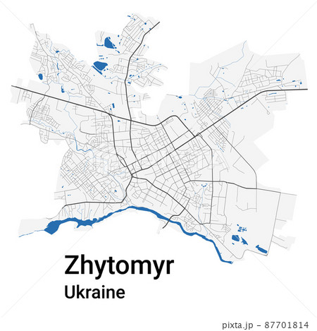 Zhytomyr vector map. Detailed map of Zhytomyr city administrative area. Cityscape panorama illustration. Road map with highways, streets, rivers. 87701814