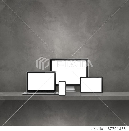 Computer, laptop, mobile phone and digital tablet pc. Grey shelf background Computer, laptop, mobile phone and digital tablet pc. Grey shelf background 87701873