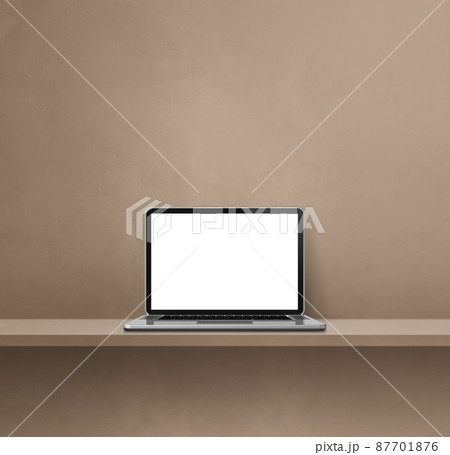 Laptop computer on brown shelf. Square background Laptop computer on brown shelf. Square background 87701876