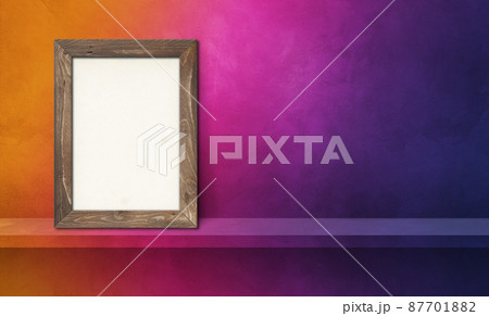 Wooden picture frame leaning on a rainbow shelf. 3d illustration. Horizontal banner Wooden picture frame leaning on a rainbow shelf. 3d illustration. Horizontal banner 87701882
