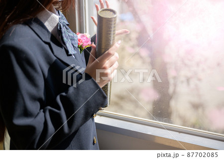 卒業式の賞状と窓辺で桜を見つめる女子高生 卒業式の賞状と窓辺で桜を見つめる女子高生 87702085
