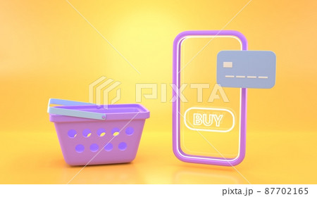 Online shopping in mobile app, 3d render. Smartphone screen with buy button, credit card and empty purple basket on yellow background. Ecommerce, delivery service from internet shop, web banner 87702165