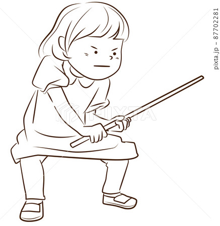 棒を持って構える女の子の線画イラスト 87702281