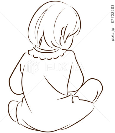 座る女の子の後ろ姿 線画イラストのイラスト素材