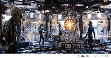 Alien ship command deck 3D illustration	 87702833