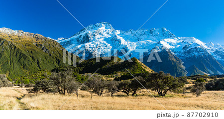 ニュージーランド アオラキ・マウント・クック国立公園のフッカー・バレー・トラックから見えるセフトン山 ニュージーランド アオラキ・マウント・クック国立公園のフッカー・バレー・トラックから見えるセフトン山 87702910