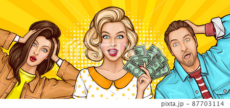 Pop art surprised man and women with money cash 87703114