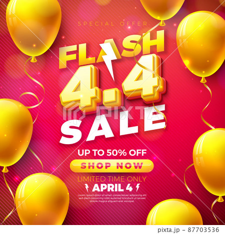 Promotional Business Flash Sale Design with 3d 4.4 Number and Party Balloon on Red Background. Vector April 4 Special Offer Illustration for Coupon, Voucher, Banner, Flyer, Promotional Poster 87703536