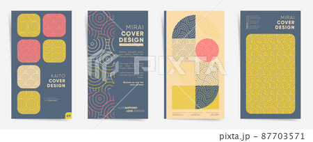 Geometric asian design vertical template set. Japanese bauhaus line art graphic layout for stories, brochure cover, post, flyer, leaflet, background. Decorative retro minimalism pattern backdrops. 87703571